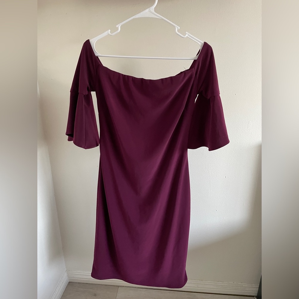 Betsy & Adam Off the Shoulder Bell Sleeve Dress Aubergine (Size 6)